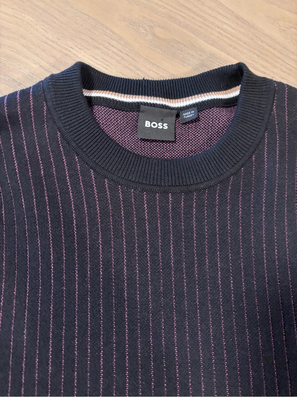 Hugo Boss Navy Crewneck Sweater with Pink Pinstripes - Picture 1 of 6